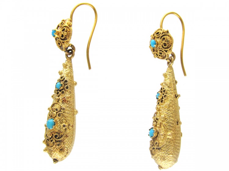Gold Georgian Turquoise Set Drop Earrings