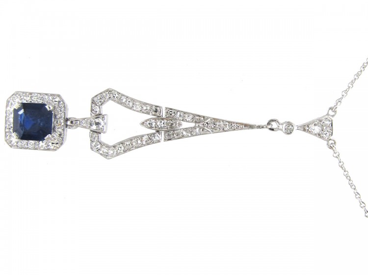 Art Deco Sapphire & Diamond Pendant on Chain