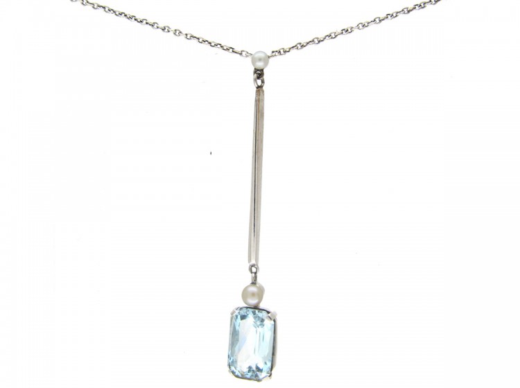 9ct White Gold Aquamarine & Pearl Drop Pendant on Chain