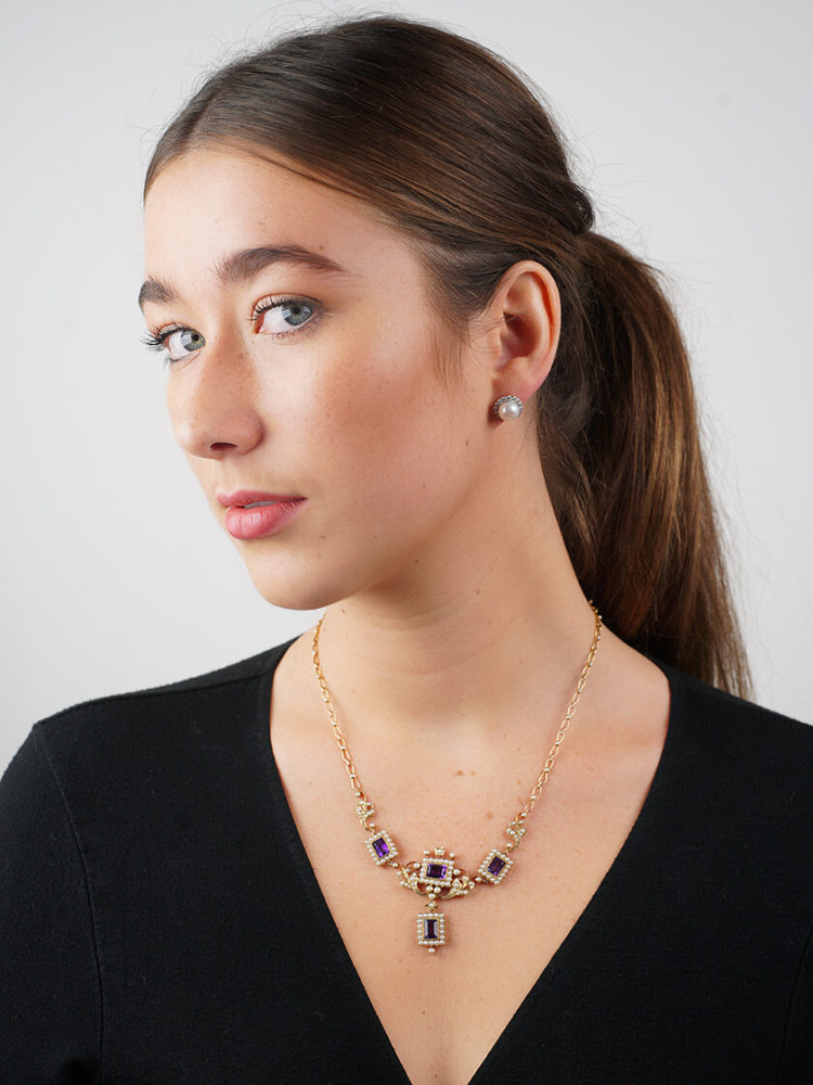 Amethyst & Natural Split Pearl 15ct Gold Necklace
