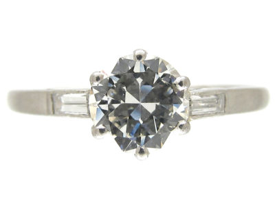 Art Deco Solitaire Diamond Ring with Diamond Baguette Shoulders