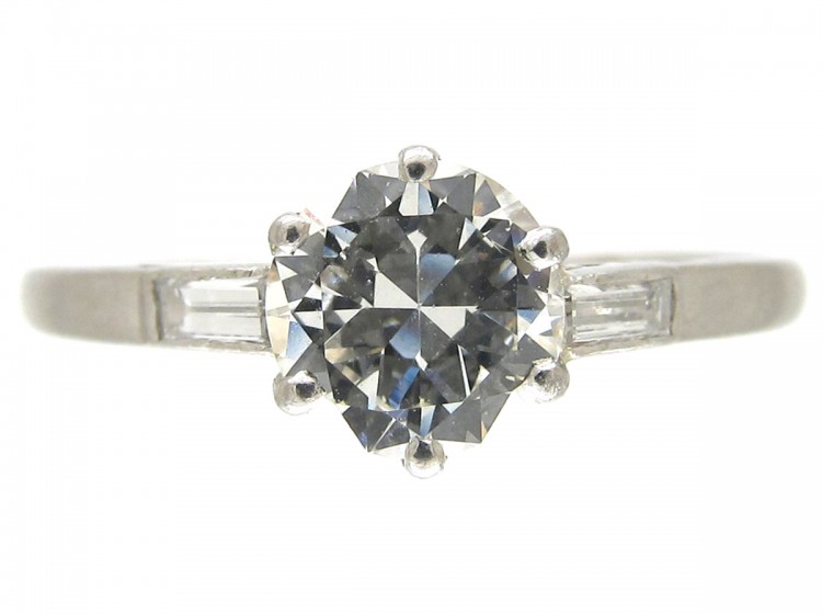 Art Deco Solitaire Diamond Ring with Diamond Baguette Shoulders
