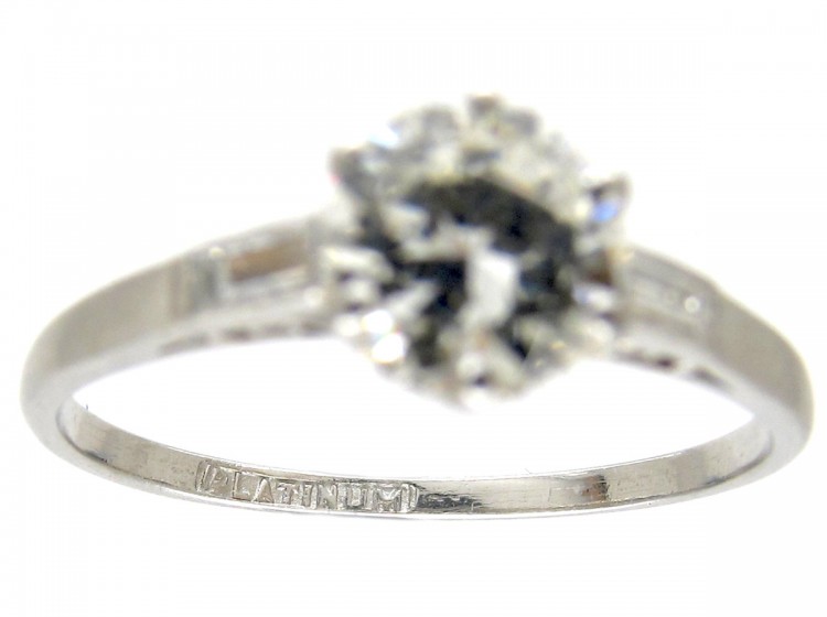 Art Deco Solitaire Diamond Ring with Diamond Baguette Shoulders