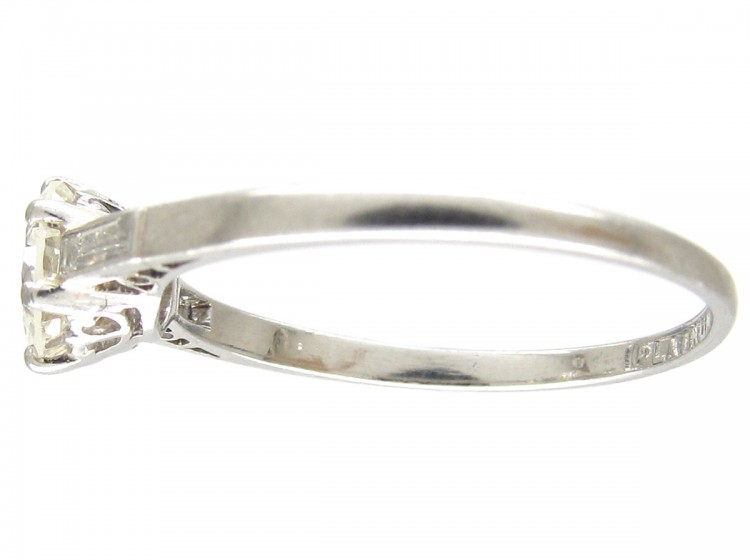 Art Deco Solitaire Diamond Ring with Diamond Baguette Shoulders