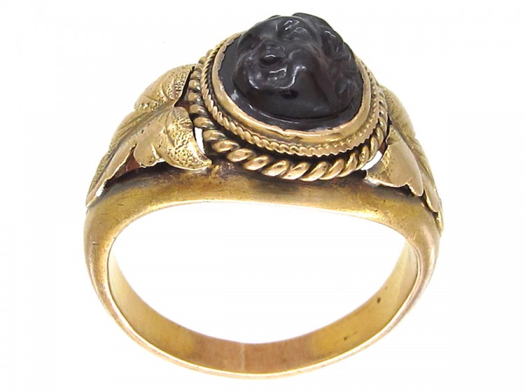 Victorian Gold Ring with a Carved Garnet of a Cherub's Head