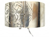 Wide Silver Engraved Leaf Design Bangle