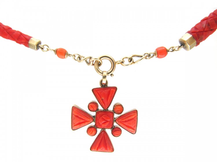 Georgian Gold & Coral Maltese Cross Necklace