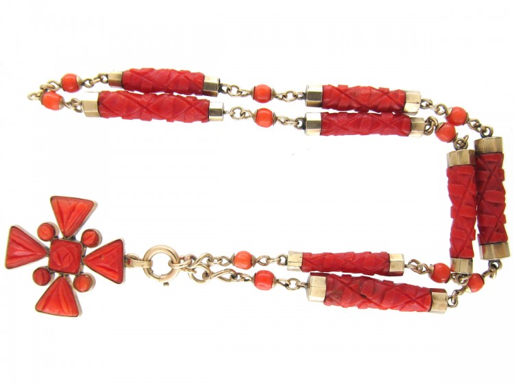 Georgian Gold & Coral Maltese Cross Necklace