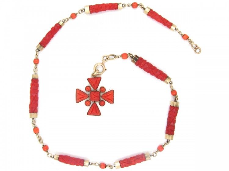 Georgian Gold & Coral Maltese Cross Necklace