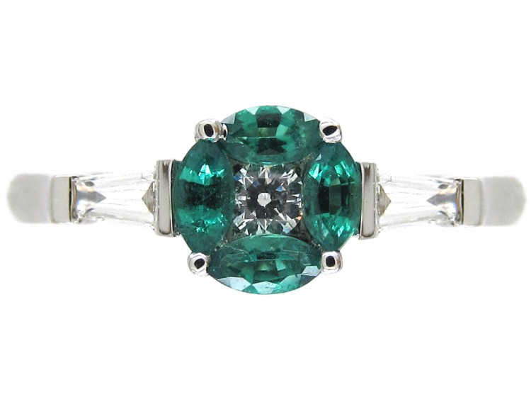 Emerald & Diamond Cluster Ring with Baguette Diamond Sides