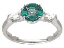 Emerald & Diamond Cluster Ring with Baguette Diamond Sides