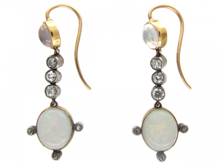 Water Opal & Diamond Drop Edwardian Earrings