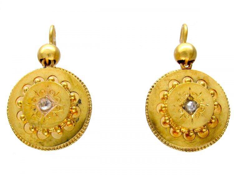 Victorian 15ct Gold & Diamond Round Etruscan Style Earrings