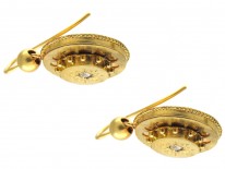 Victorian 15ct Gold & Diamond Round Etruscan Style Earrings