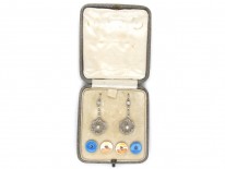 Edwardian Diamond Platinum, Pearl & Enamel Earrings in Original Case