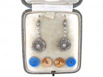 Edwardian Diamond Platinum, Pearl & Enamel Earrings in Original Case