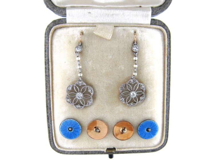 Edwardian Diamond Platinum, Pearl & Enamel Earrings in Original Case