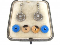 Edwardian Diamond Platinum, Pearl & Enamel Earrings in Original Case