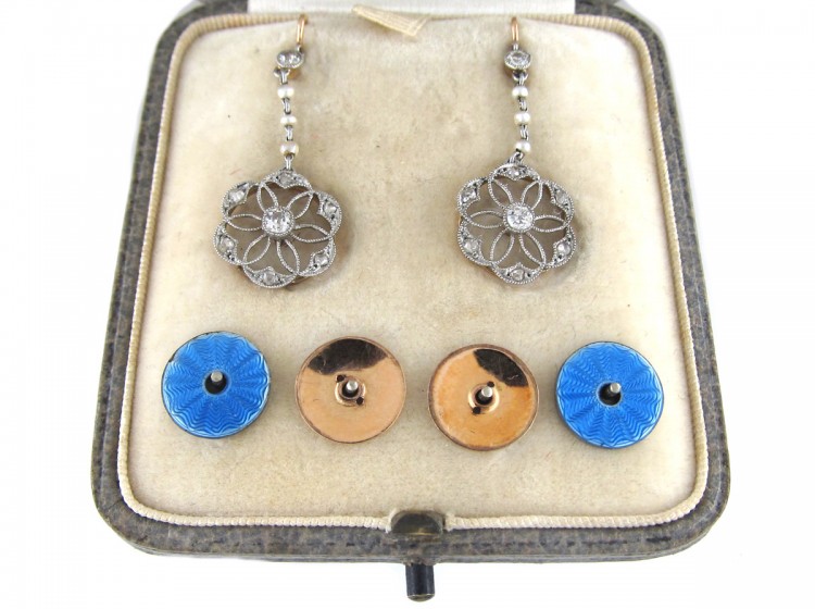 Edwardian Diamond Platinum, Pearl & Enamel Earrings in Original Case