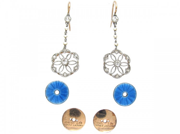 Edwardian Diamond Platinum, Pearl & Enamel Earrings in Original Case