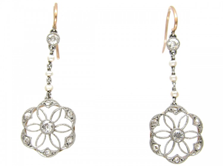 Edwardian Diamond Platinum, Pearl & Enamel Earrings in Original Case