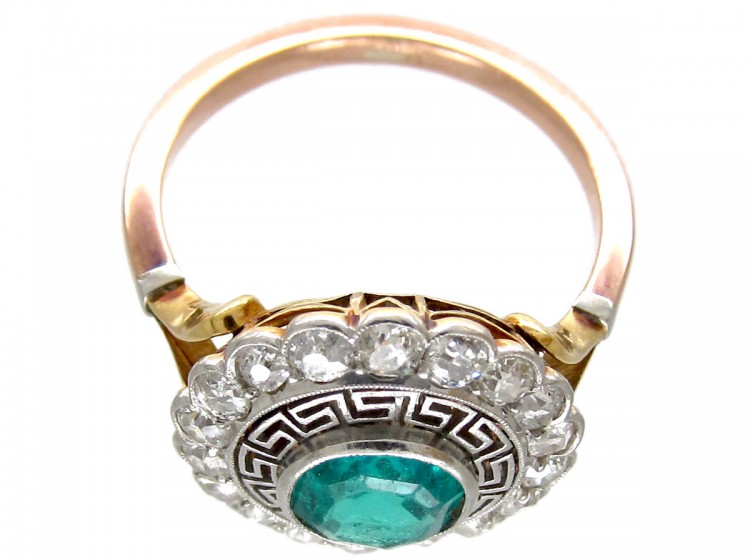 Art Deco Emerald & Diamond Target Ring with Key Design Detail