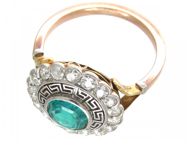 Art Deco Emerald & Diamond Target Ring with Key Design Detail
