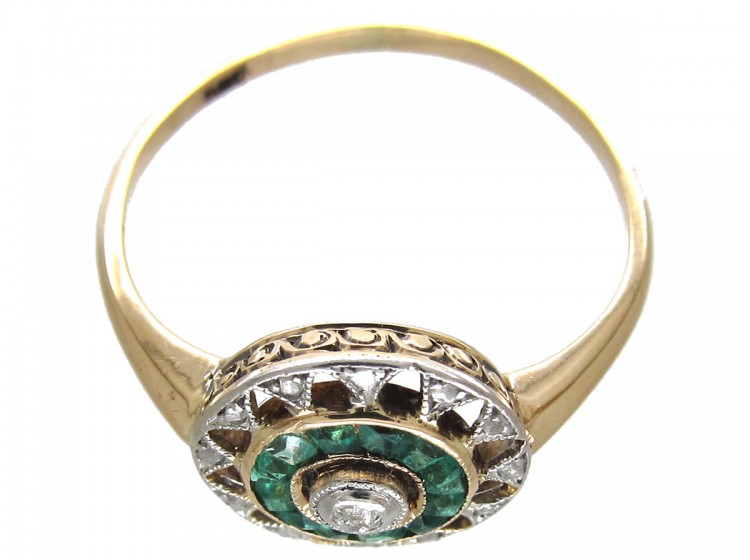 Art Deco Emerald & Diamond Target Ring