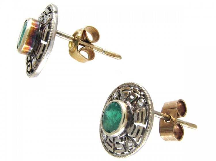 Emerald & Diamond Round Key Design Earrings