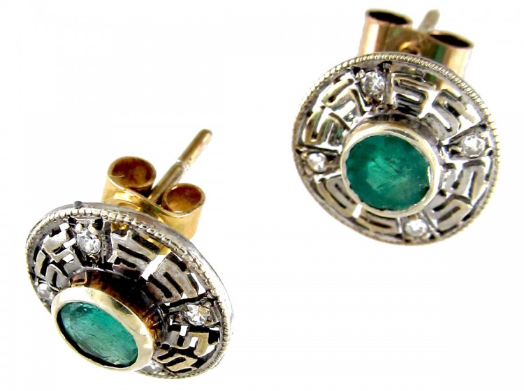 Emerald & Diamond Round Key Design Earrings