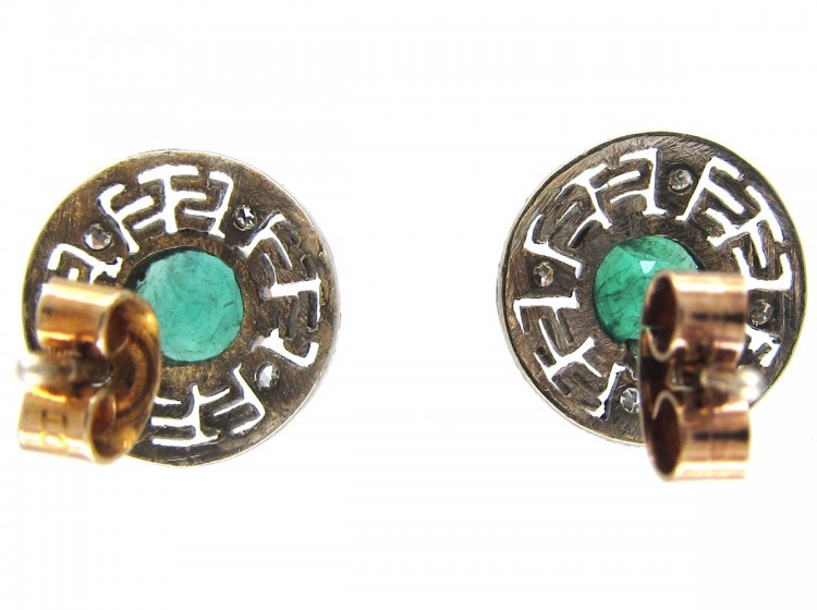 Emerald & Diamond Round Key Design Earrings