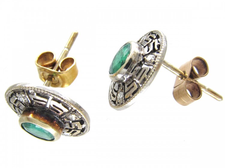 Emerald & Diamond Round Key Design Earrings