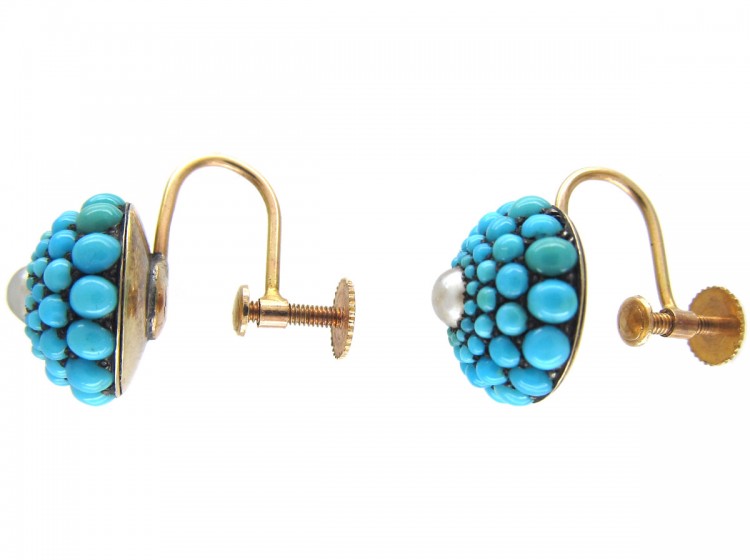 Victorian Turquoise & Pearl Pave Set Round Earrings