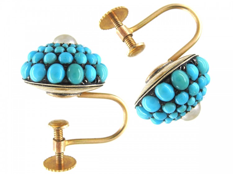 Victorian Turquoise & Pearl Pave Set Round Earrings