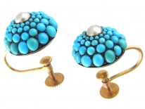 Victorian Turquoise & Pearl Pave Set Round Earrings