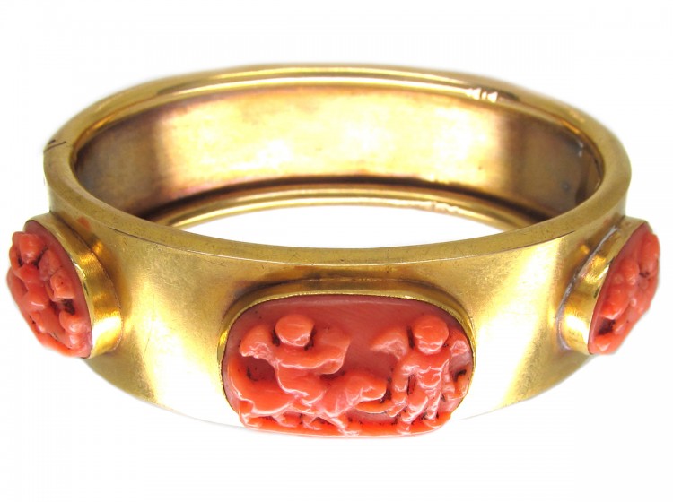 Grand Tour 18ct Gold & Carved Coral Neo Classical Bangle