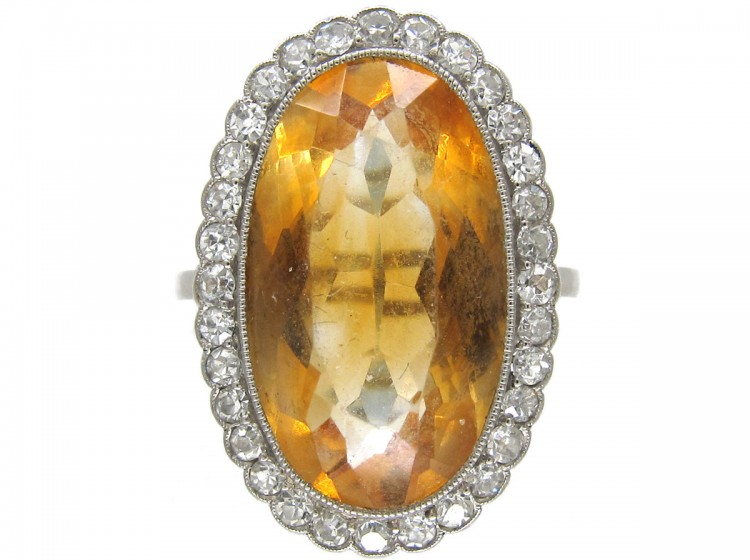 Edwardian Large Oval Citrine & Diamond Ring