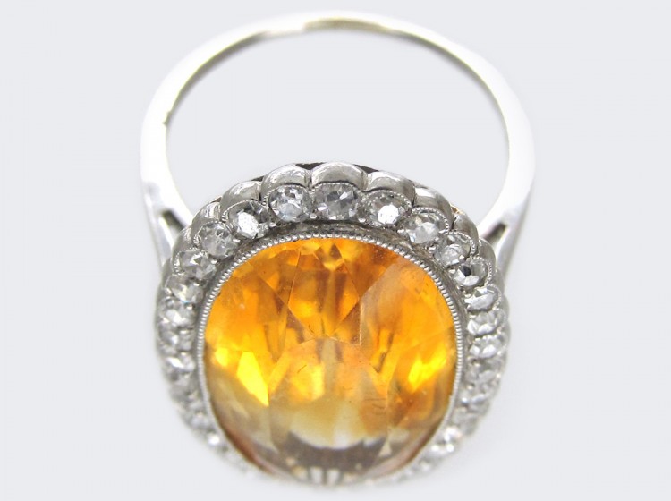 Edwardian Large Oval Citrine & Diamond Ring