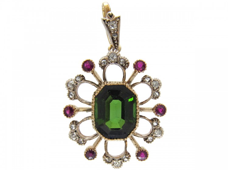Suffragette Diamond, Green Tourmaline & Ruby 15ct Gold Pendant