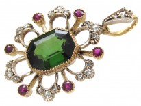 Suffragette Diamond, Green Tourmaline & Ruby 15ct Gold Pendant