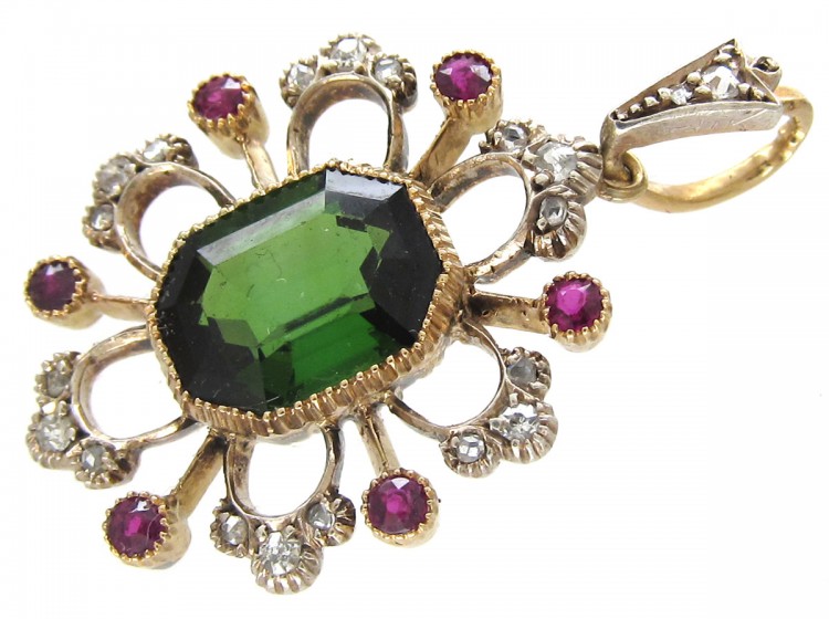 Suffragette Diamond, Green Tourmaline & Ruby 15ct Gold Pendant
