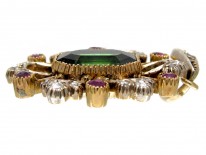 Suffragette Diamond, Green Tourmaline & Ruby 15ct Gold Pendant