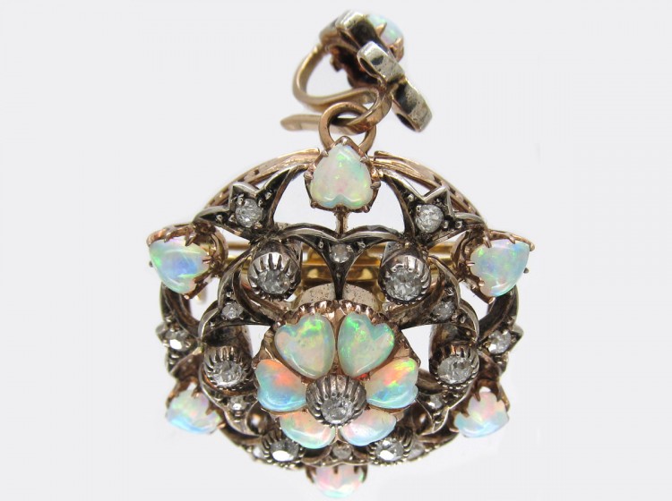 Edwardian Diamond & Opal Hearts Pendant / Brooch