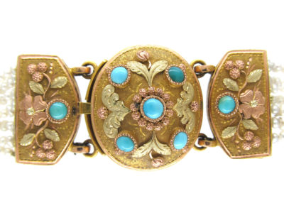 Regency Natural Seed Pearls & Three Colour Gold & Turquoise Bracelet