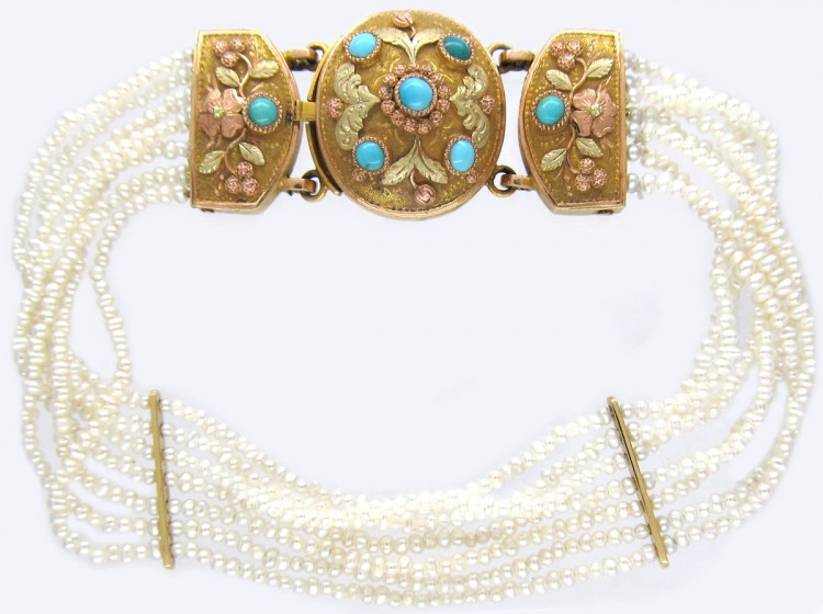Regency Natural Seed Pearls & Three Colour Gold & Turquoise Bracelet