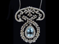 Edwardian Platinum Aquamarine & Diamond Pendant by J E Caudwell on Platinum Chain