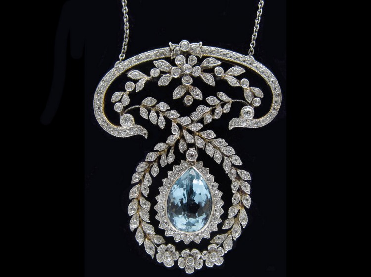 Edwardian Platinum Aquamarine & Diamond Pendant by J E Caudwell on Platinum Chain