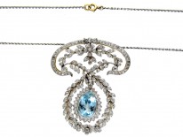 Edwardian Platinum Aquamarine & Diamond Pendant by J E Caudwell on Platinum Chain