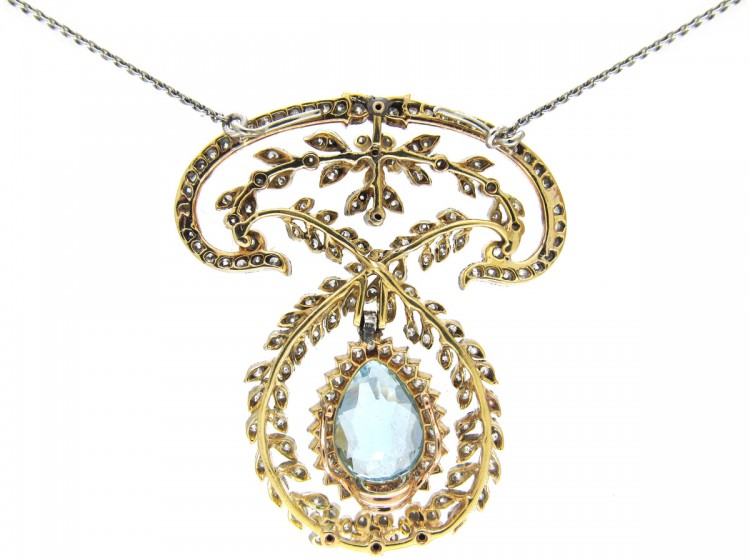 Edwardian Platinum Aquamarine & Diamond Pendant by J E Caudwell on Platinum Chain