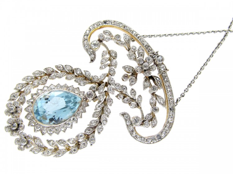 Edwardian Platinum Aquamarine & Diamond Pendant by J E Caudwell on Platinum Chain